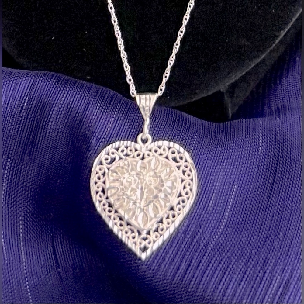 Morning Sun Signed Sterling Silver Filigree Heart Pendant w/Chain